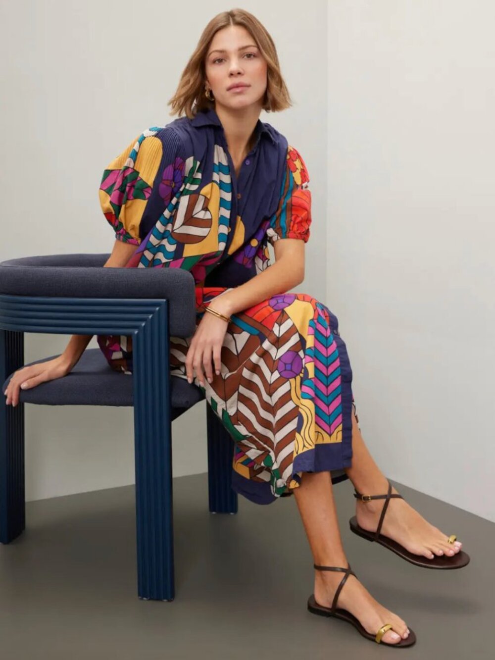 Carolina K Valerie Tropical Motif Pleated Kaftan Midi Shirt Dress - Picture 3 of 13